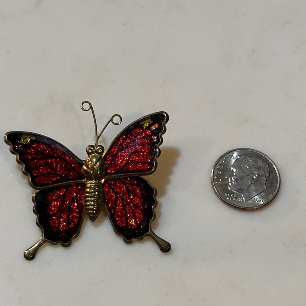 Vintage Gold-Tone with Red and Black Wings Butterfly Brooch